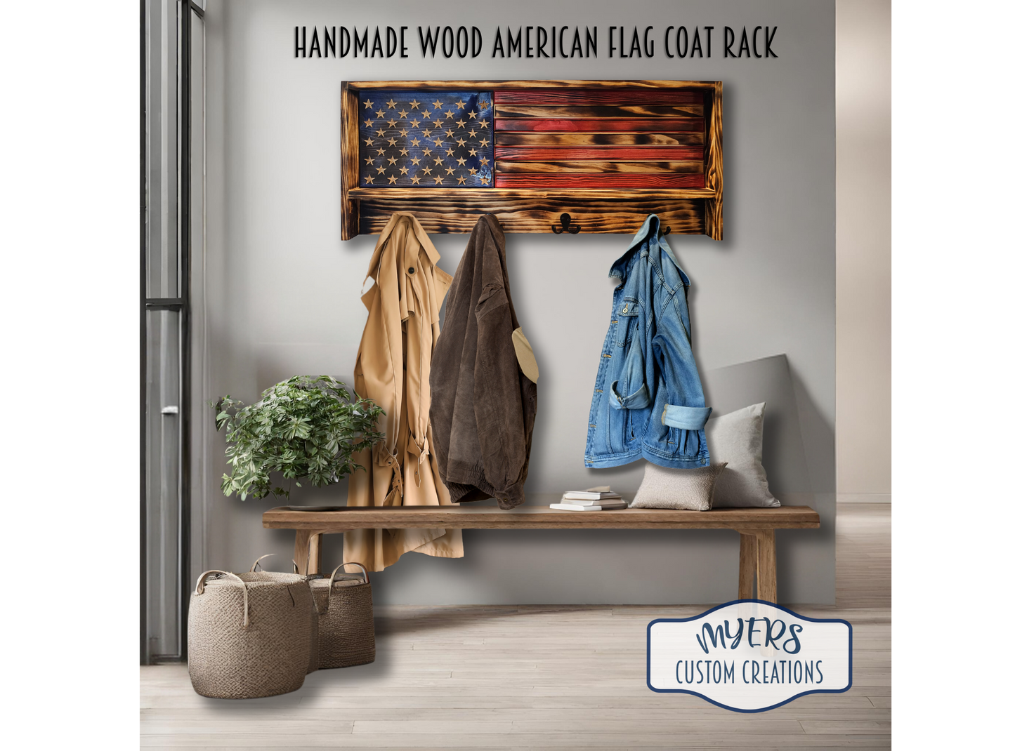 Handmade Wood American Flag Coat Rack