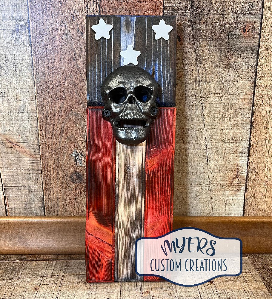 American Flag Bottle Opener - Distressed Finish with Skull Opener