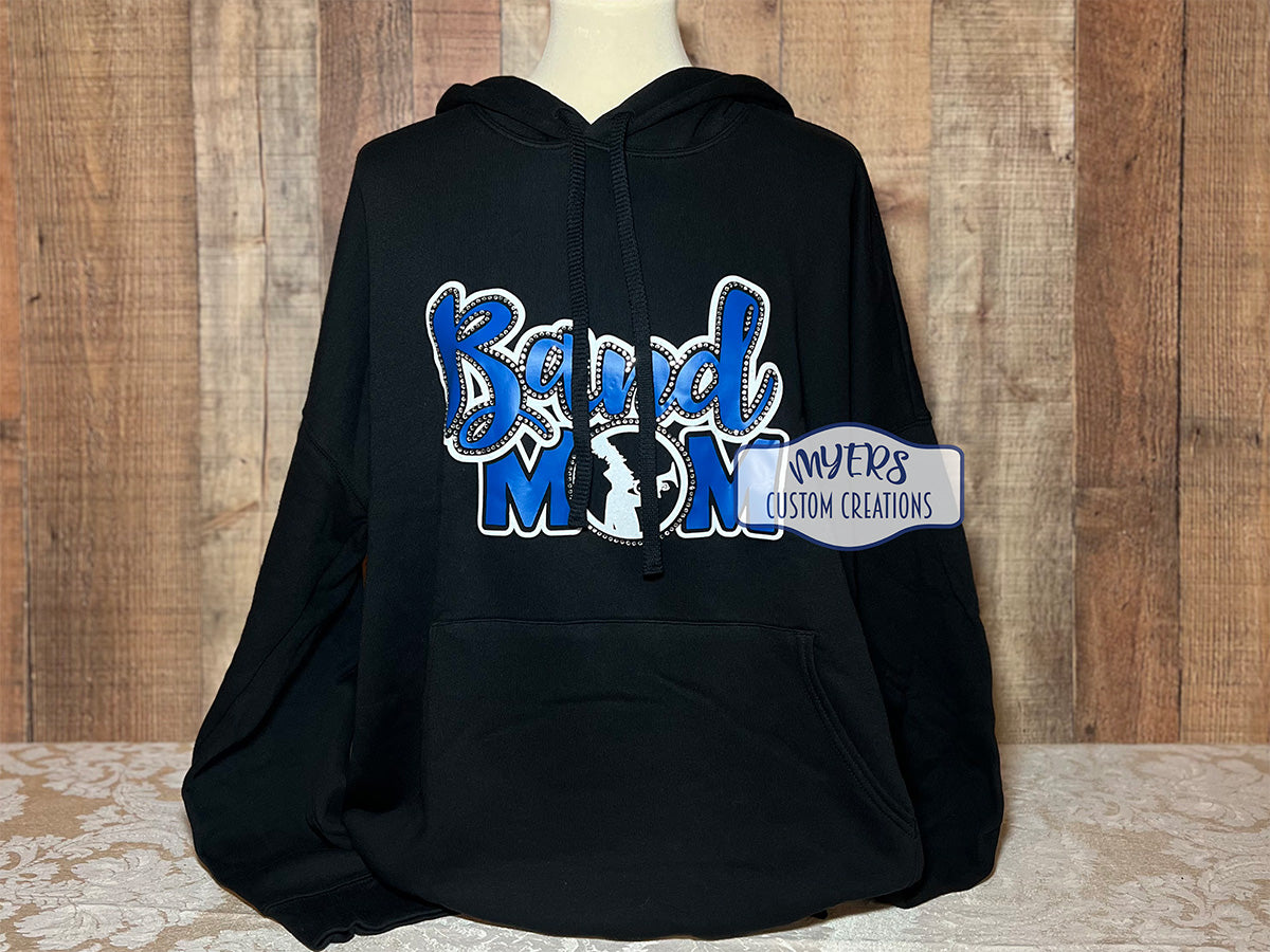 Band Mom black Bella Canvas hoodie with white and royal blue HTV and crystal rhinestones