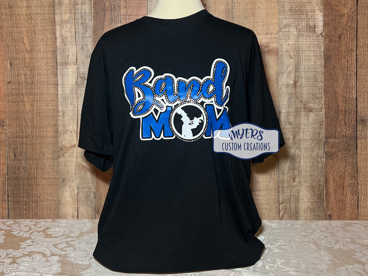 Band Mom black t-shirt with white and royal blue HTV and crystal rhinestones