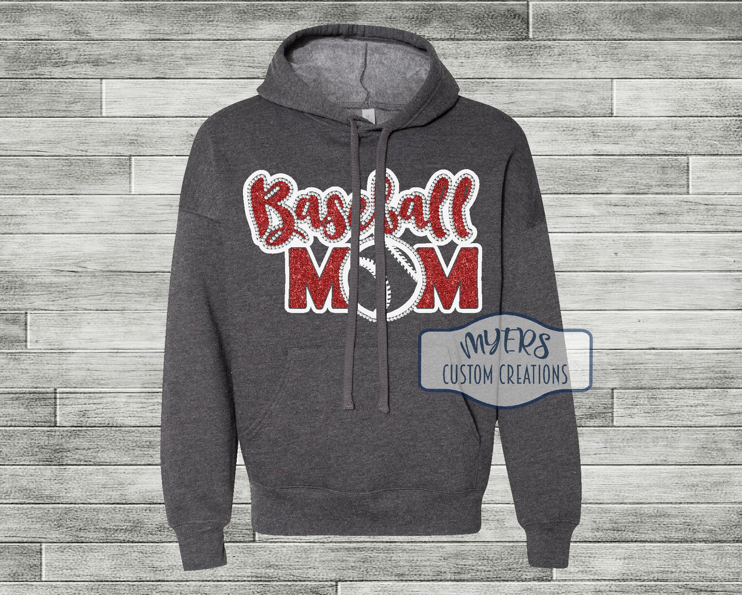 Baseball Mom heather dark grey Bella Canvas hoodie with white and red glitter HTV and crystal rhinestones