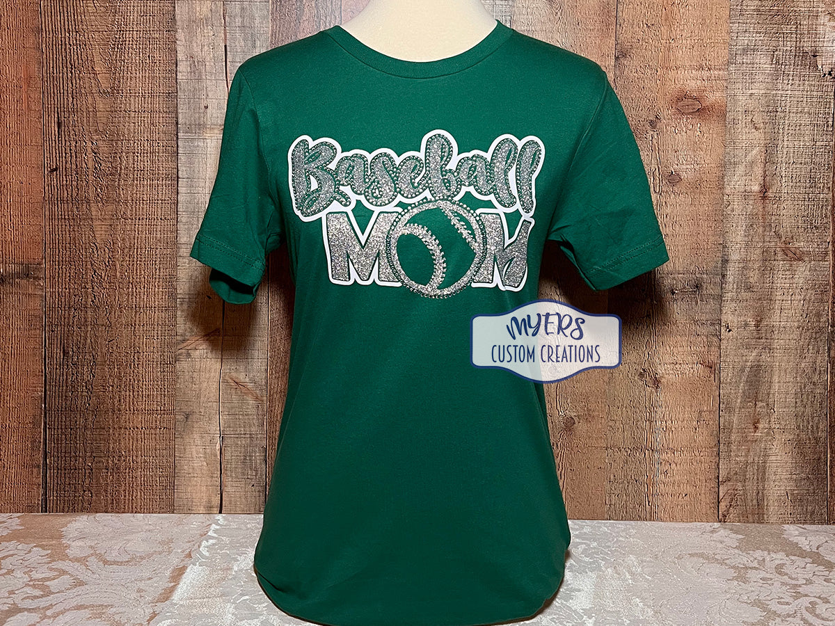Baseball Mom Kelly green Bella+Canvas t-shirt with white & silver glitter HTV and crystal rhinestones