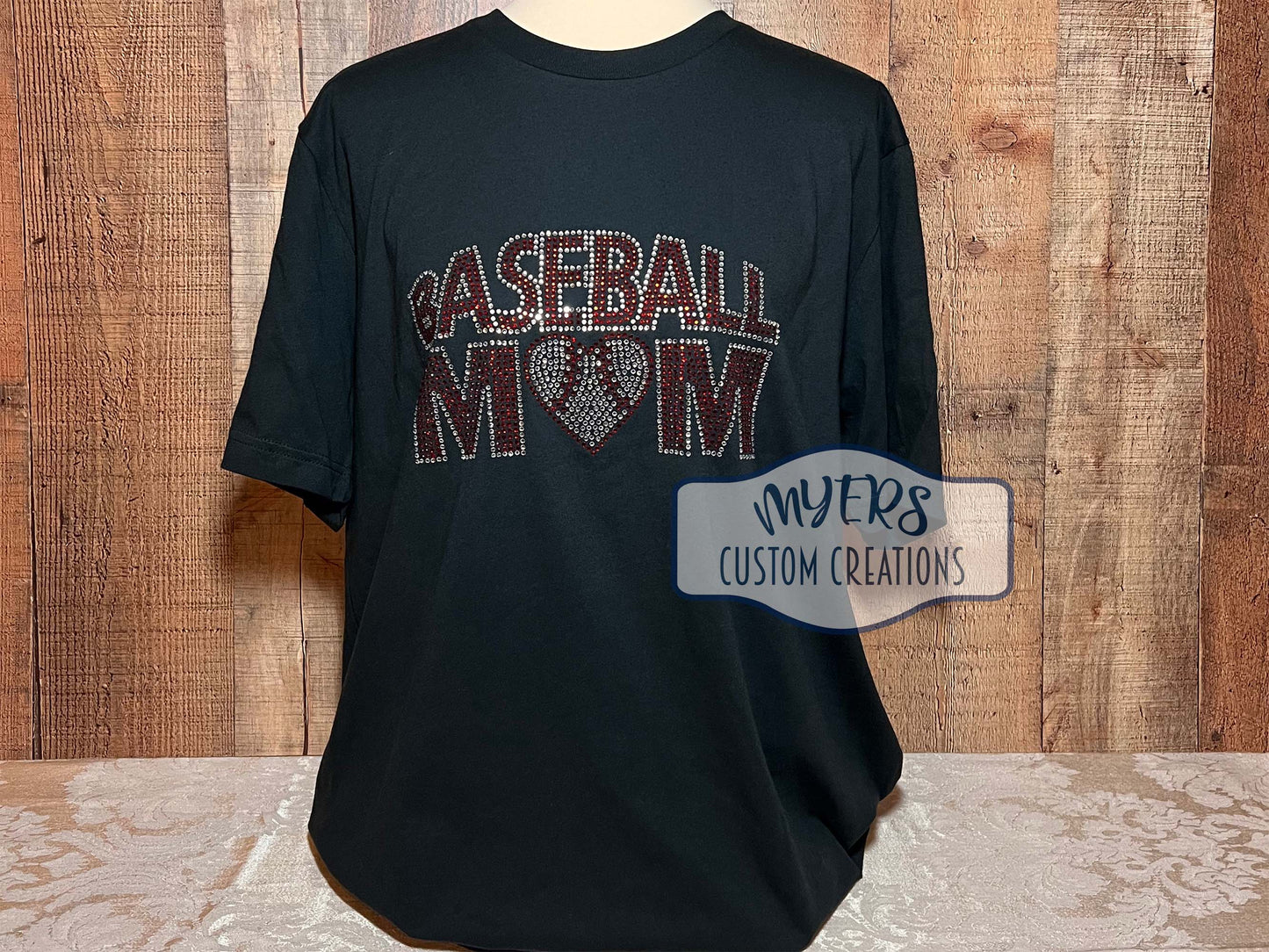 Baseball Mom Rhinestone black Bella+Canvas t-shirt with crystal and red rhinestones RTS in size adult XXL