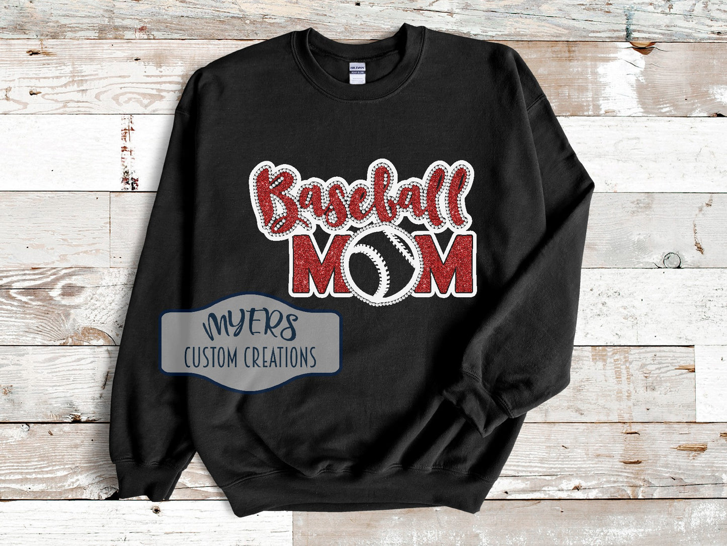 Baseball Mom black Gildan sweatshirt with white and red glitter HTV and crystal rhinestones