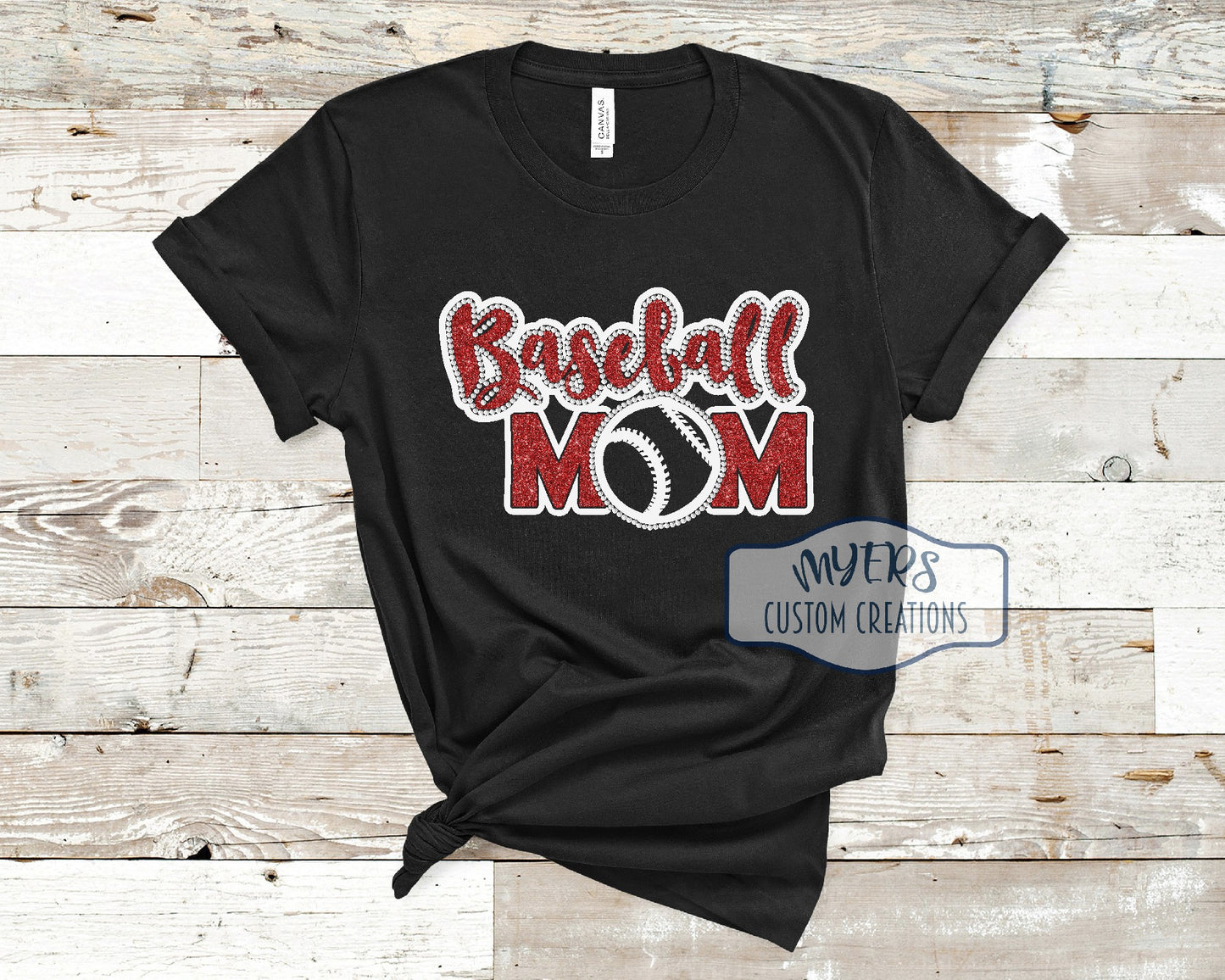Baseball Mom black Bella Canvas t-shirt with white and red glitter HTV and crystal rhinestones