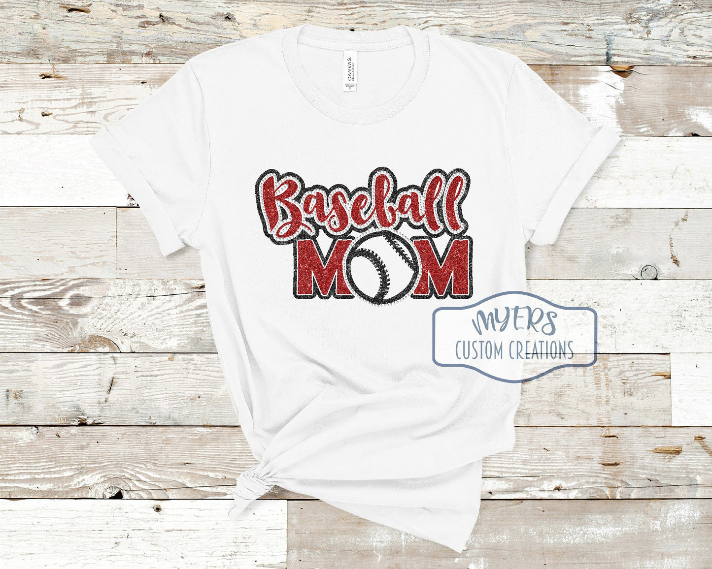 Baseball Mom white Bella Canvas t-shirt with black glitter and red glitter HTV and crystal rhinestones