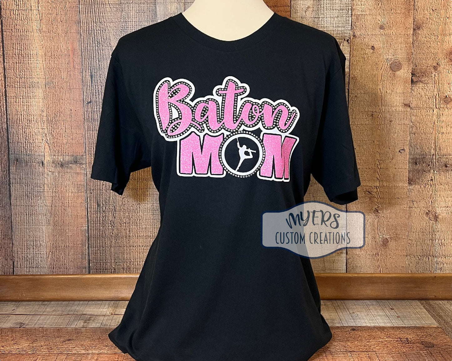 Baton Mom Large or XXL t-shirt - Black Bella+Canvas - white & flamingo pink glitter HTV and crystal rhinestones