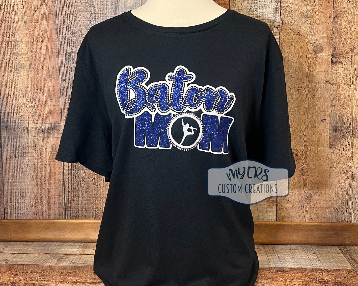 Baton Mom XXL t-shirt - Black Old Navy - white & royal blue glitter HTV and crystal rhinestones