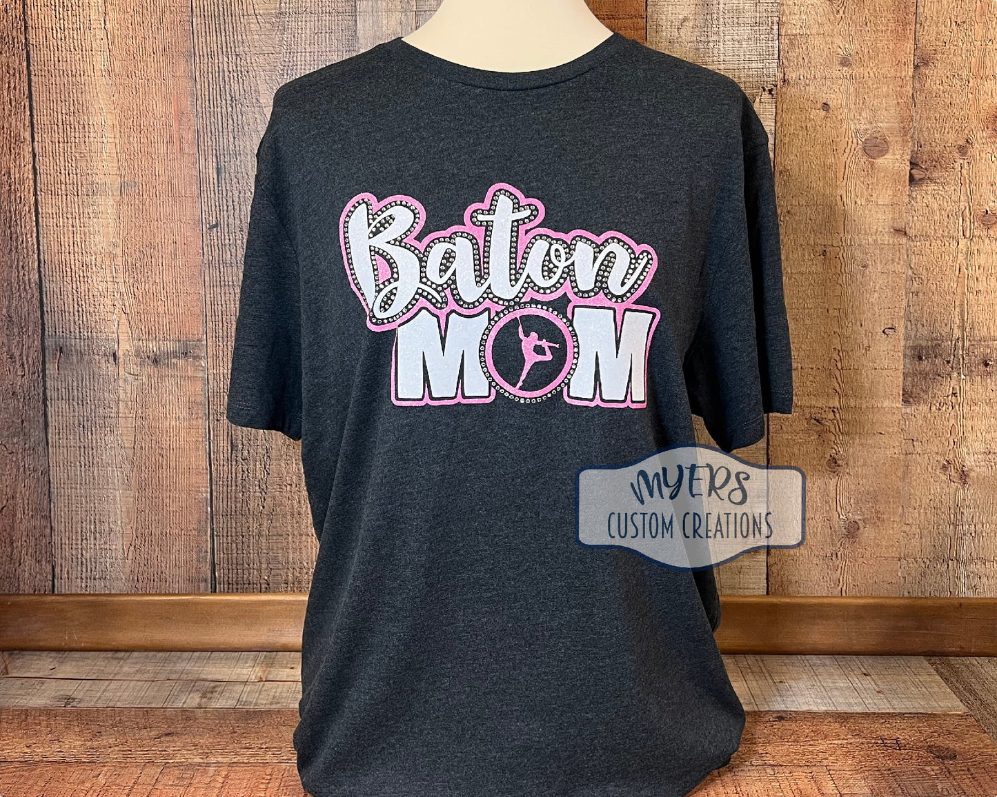 Baton Mom XL t-shirt - Heather Dark Grey Old Navy - flamingo pink glitter & white glitter HTV and crystal rhinestones