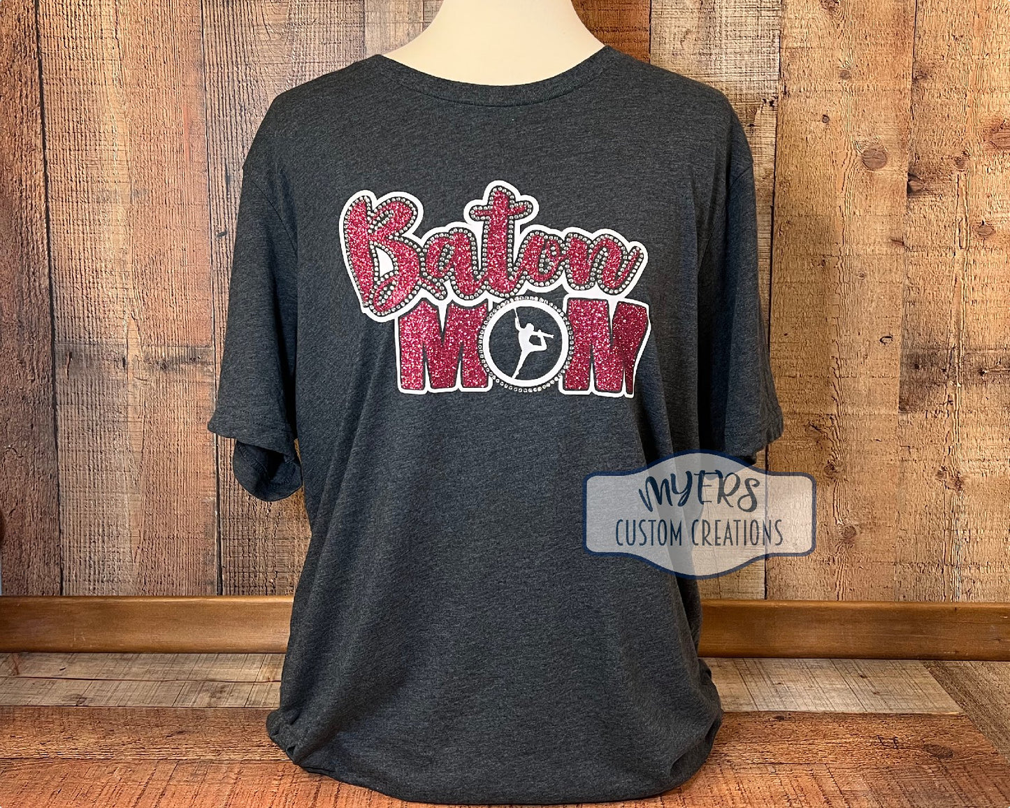 Baton Mom XL t-shirt - Heather Dark Grey Bella+Canvas - white & hot pink glitter HTV and crystal rhinestones