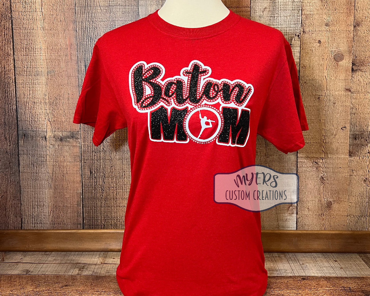 Baton Mom Small t-shirt - Red Jerzees - white & black glitter HTV and crystal rhinestones
