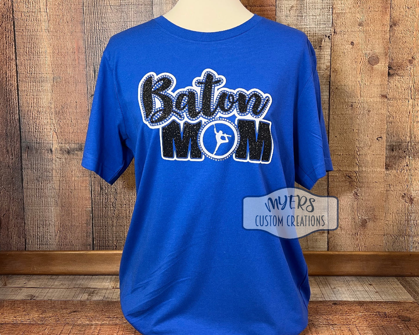 Baton Mom Large t-shirt - Royal Blue Bella+Canvas - white & black HTV and crystal rhinestones