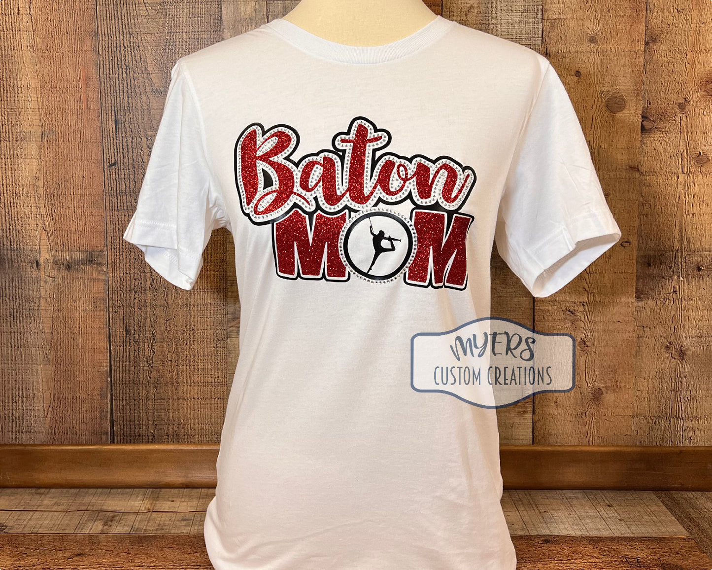 Baton Mom Small t-shirt - White Bella+Canvas - black & red glitter and crystal rhinestones