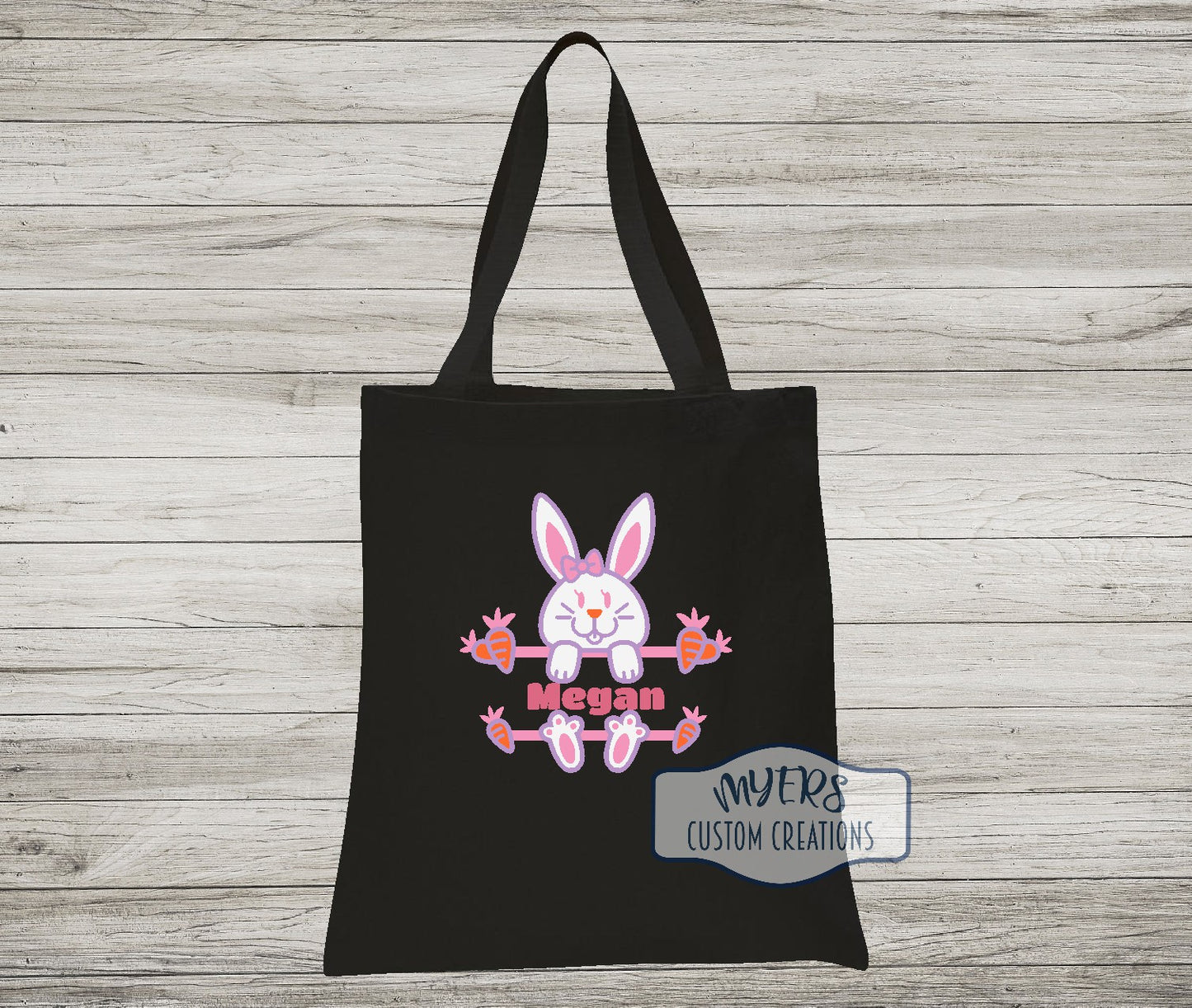 Easter Bunny with bow on a black canvas Tote Bag with white, lilac, bubble gum pink, and orange HTV