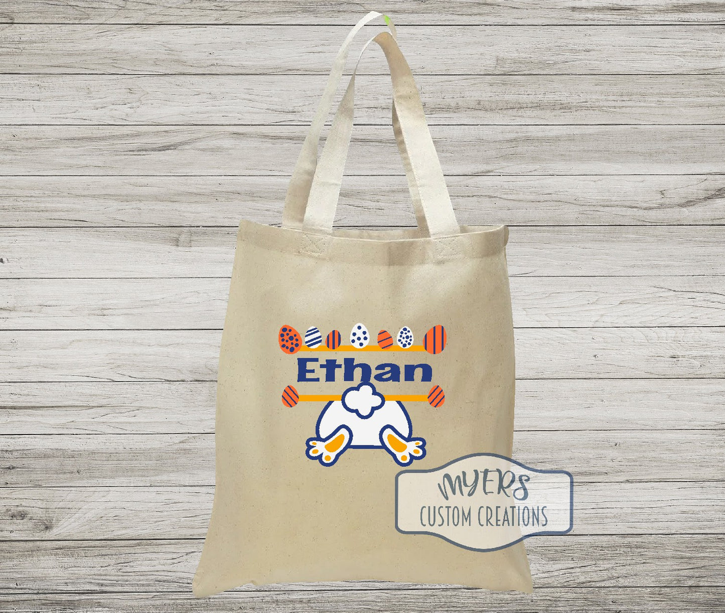 Easter Bunny Butt on a natural canvas Tote Bag with white, royal blue, and sun HTV