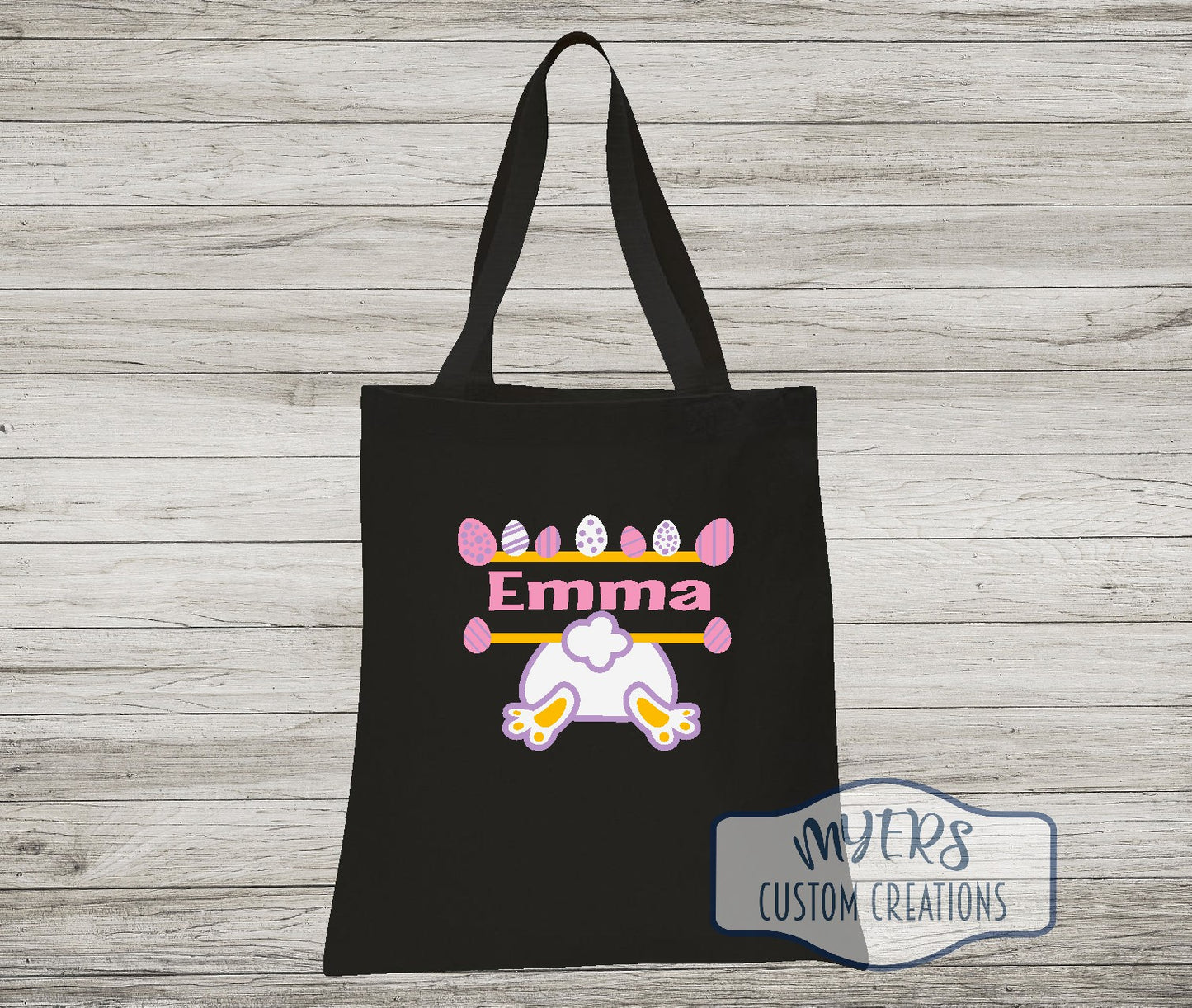 Easter Bunny Butt on a black canvas Tote Bag with white, lilac, bubble gum pink, and yellow HTV