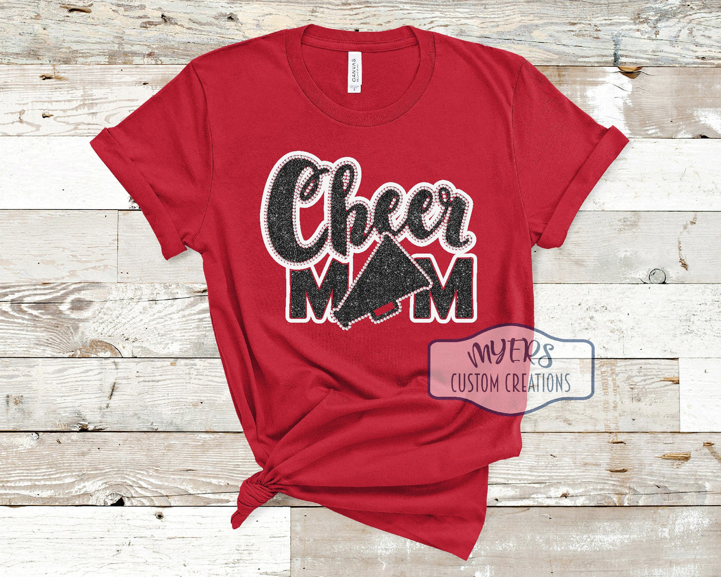 Cheer Mom red Bella Canvas t-shirt with white and black glitter HTV and crystal rhinestones