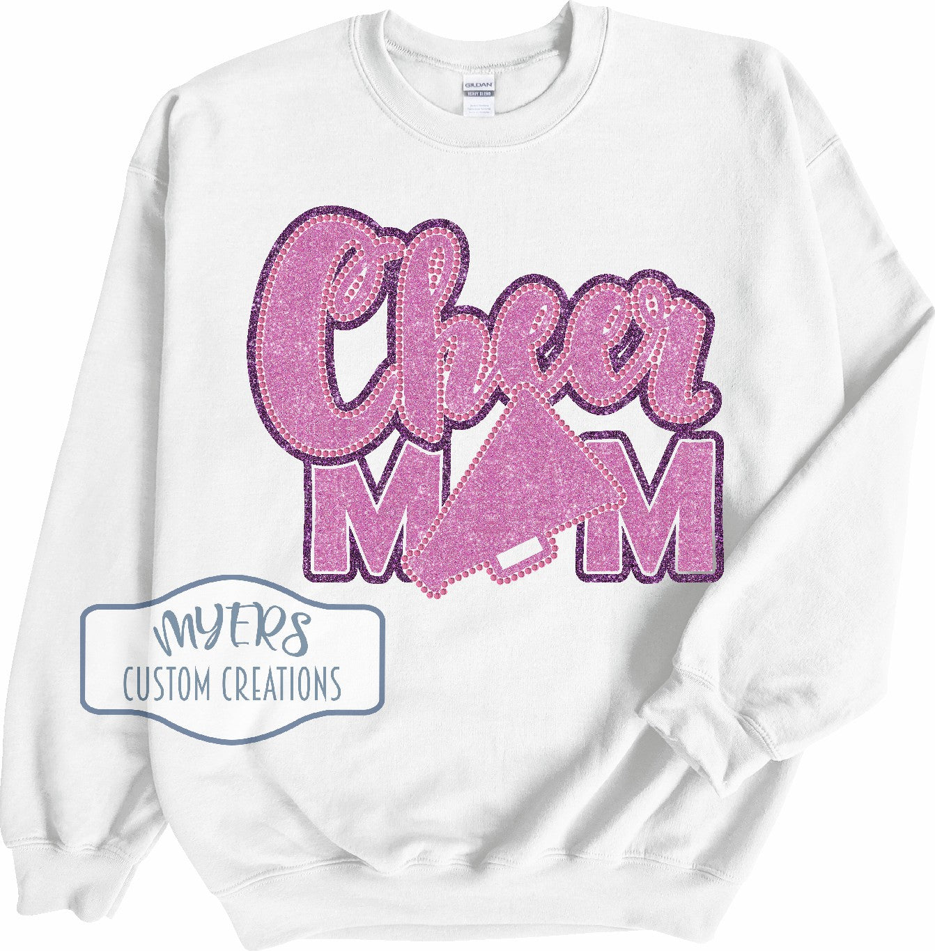 Cheer Mom white Gildan sweatshirt with purple glitter and flamingo pink glitter HTV and pink rhinestones