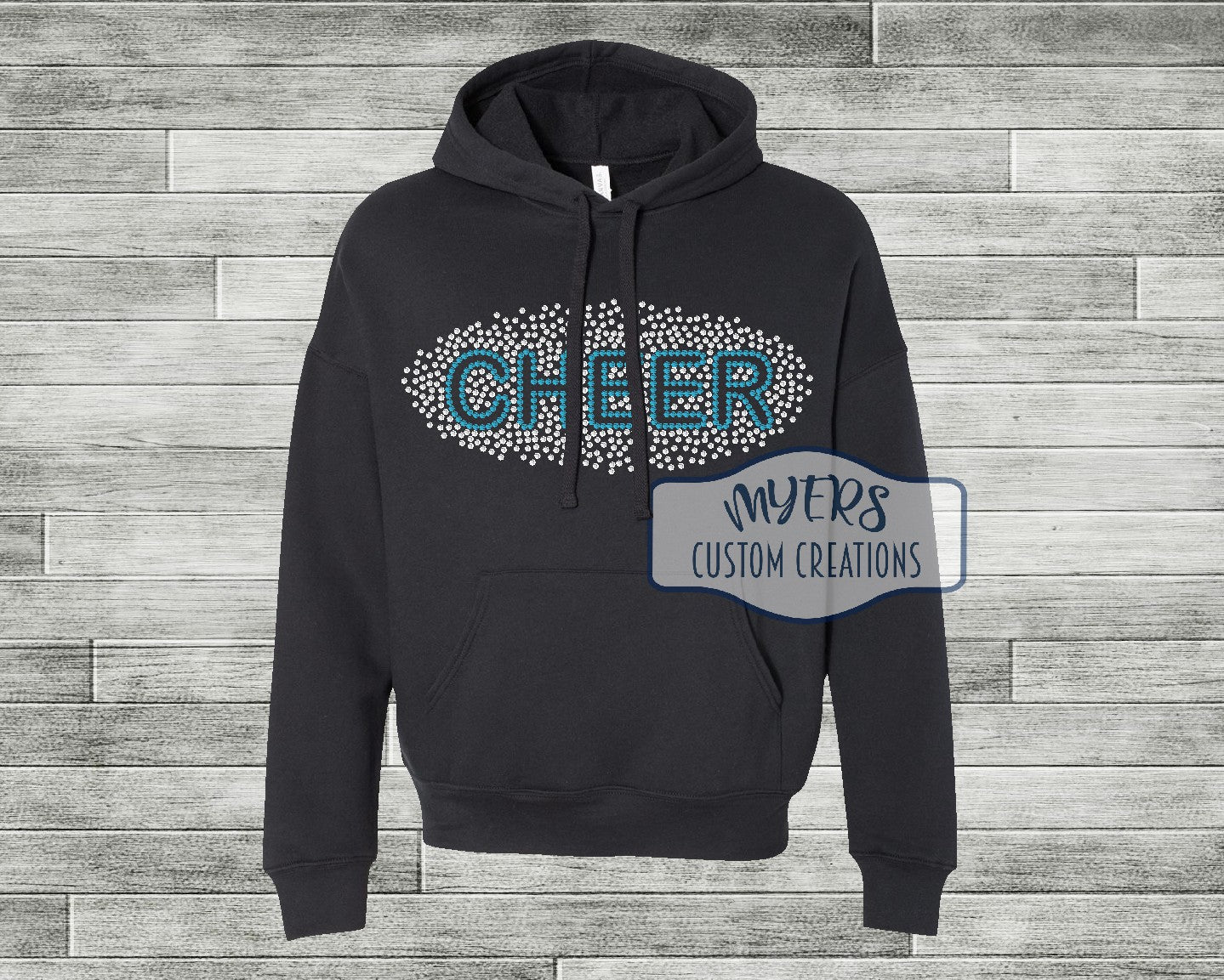Cheer Rhinestone Scatter black Bella Canvas hoodie with crystal and aqua rhinestones