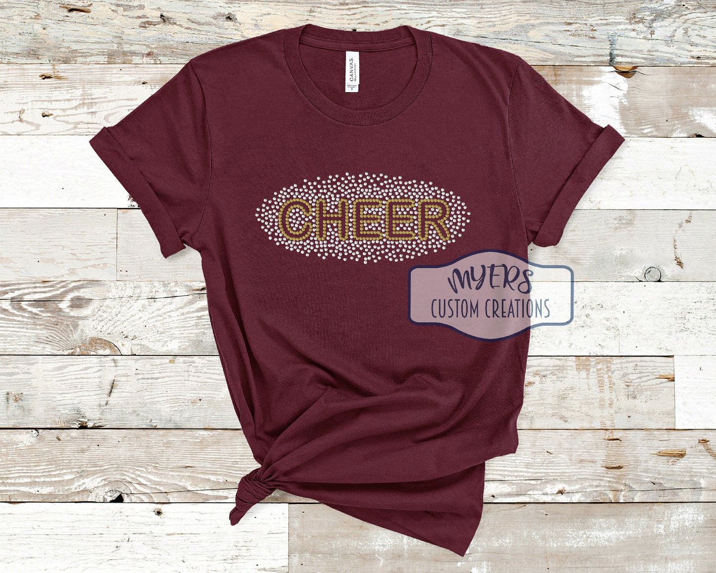 Cheer Rhinestone Scatter maroon Bella Canvas t-shirt with crystal and gold rhinestones