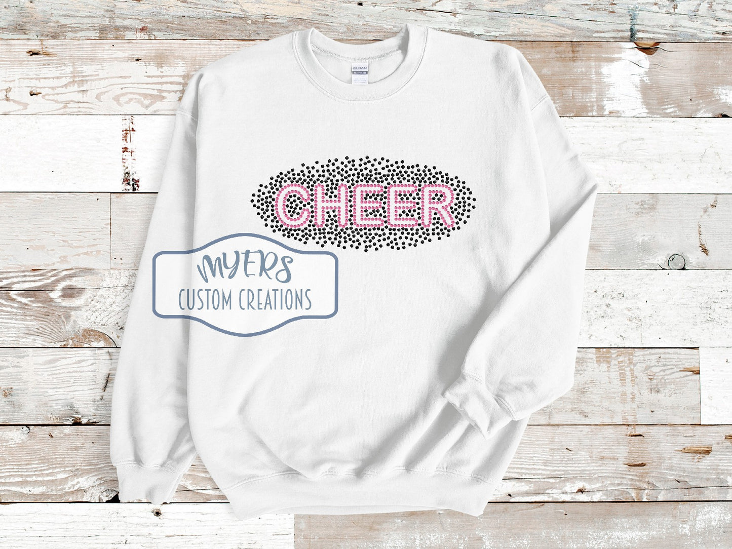 Cheer Rhinestone Scatter white Gildan sweatshirt with black and pink rhinestones