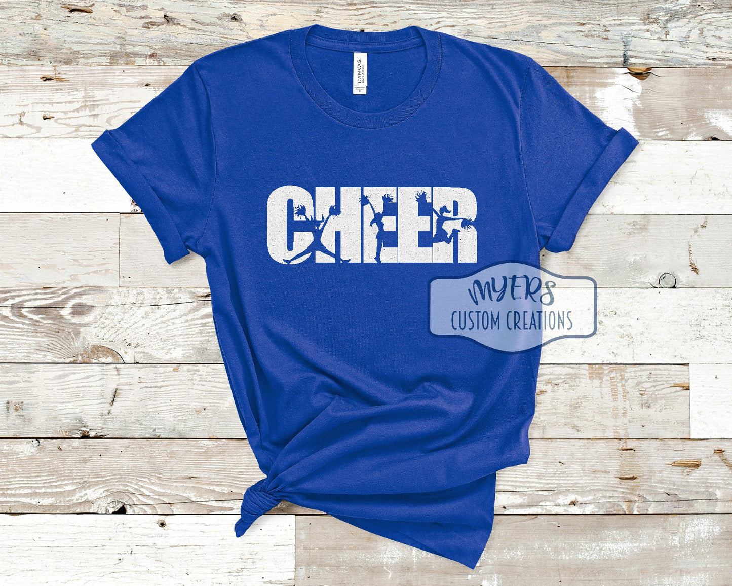Cheer Silhouettes royal blue Bella Canvas t-shirt with white glitter HTV