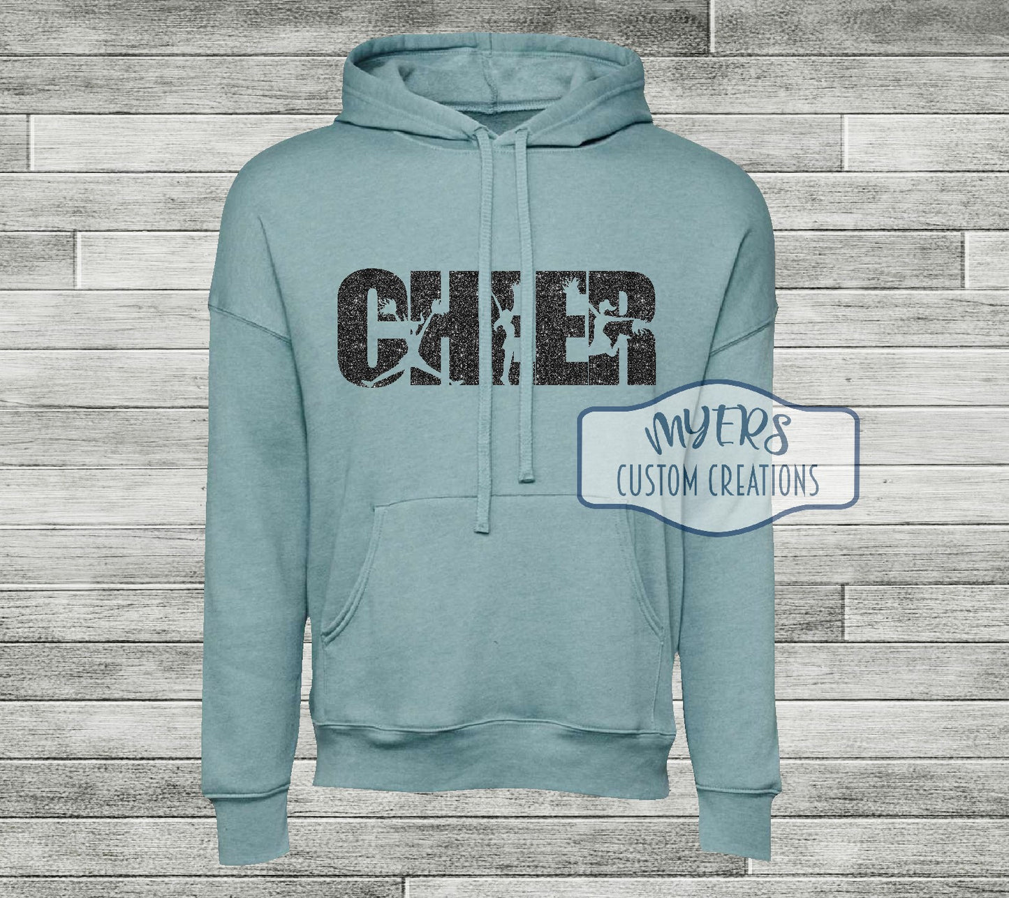 Cheer Silhouettes heather blue lagoon Bella Canvas hoodie with black glitter HTV