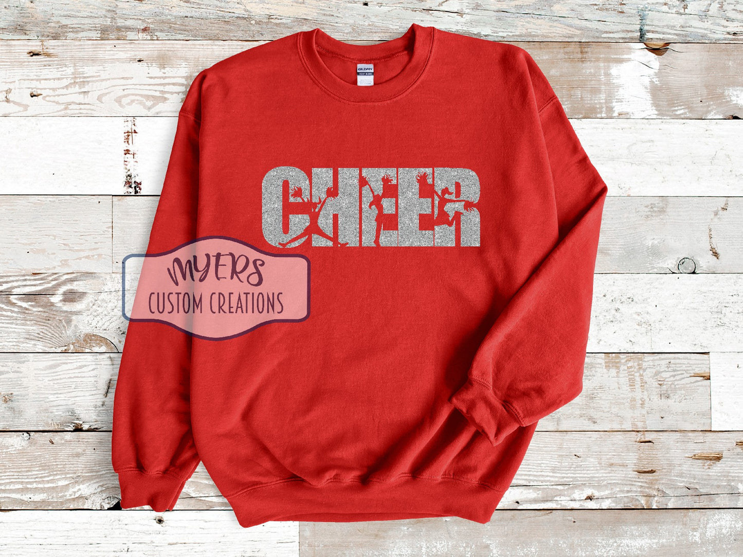 Cheer Silhouettes red Gildan sweatshirt with silver glitter HTV