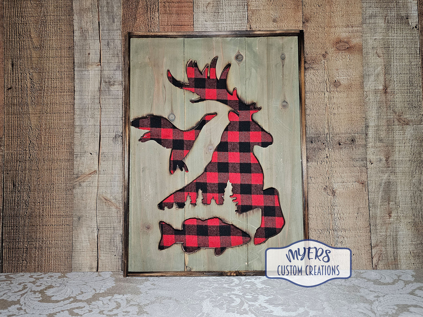 Elk/Goose/Fish Silhouette with Red Buffalo Plaid