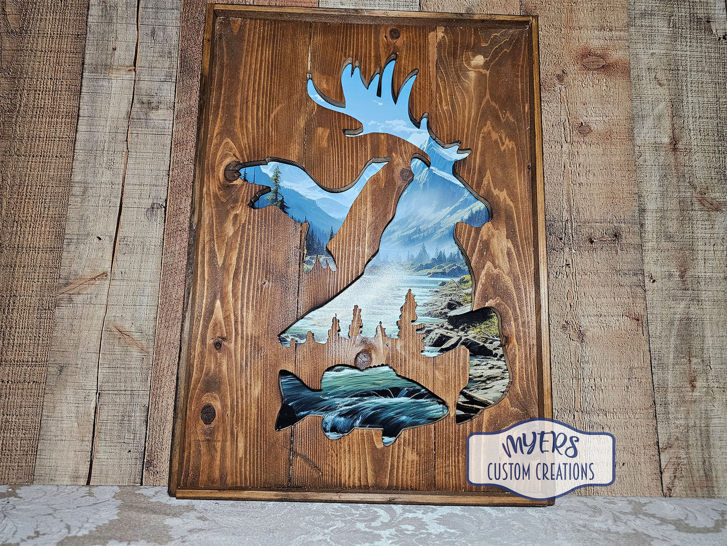 Elk/Goose/Fish Silhouette with Mountain/River Graphics