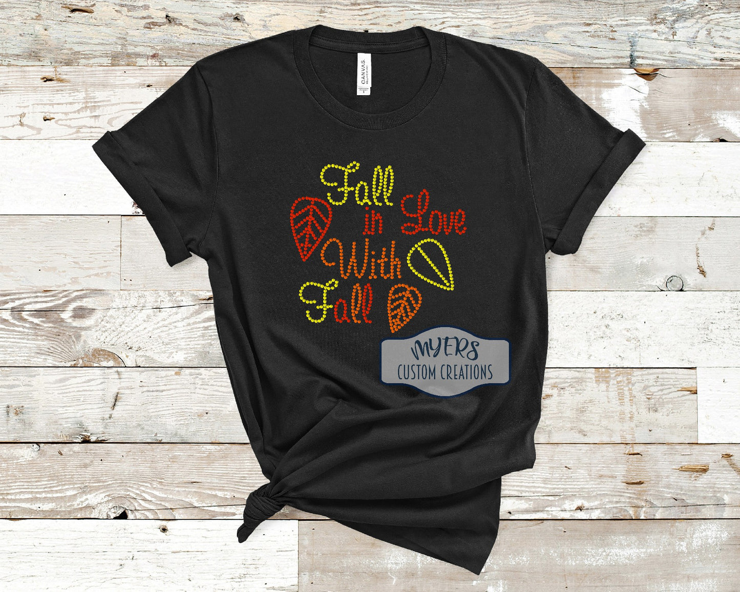 Fall in Love With Fall Rhinestone Black t-shirt with Citrine, Red Siam, & orange rhinestones.