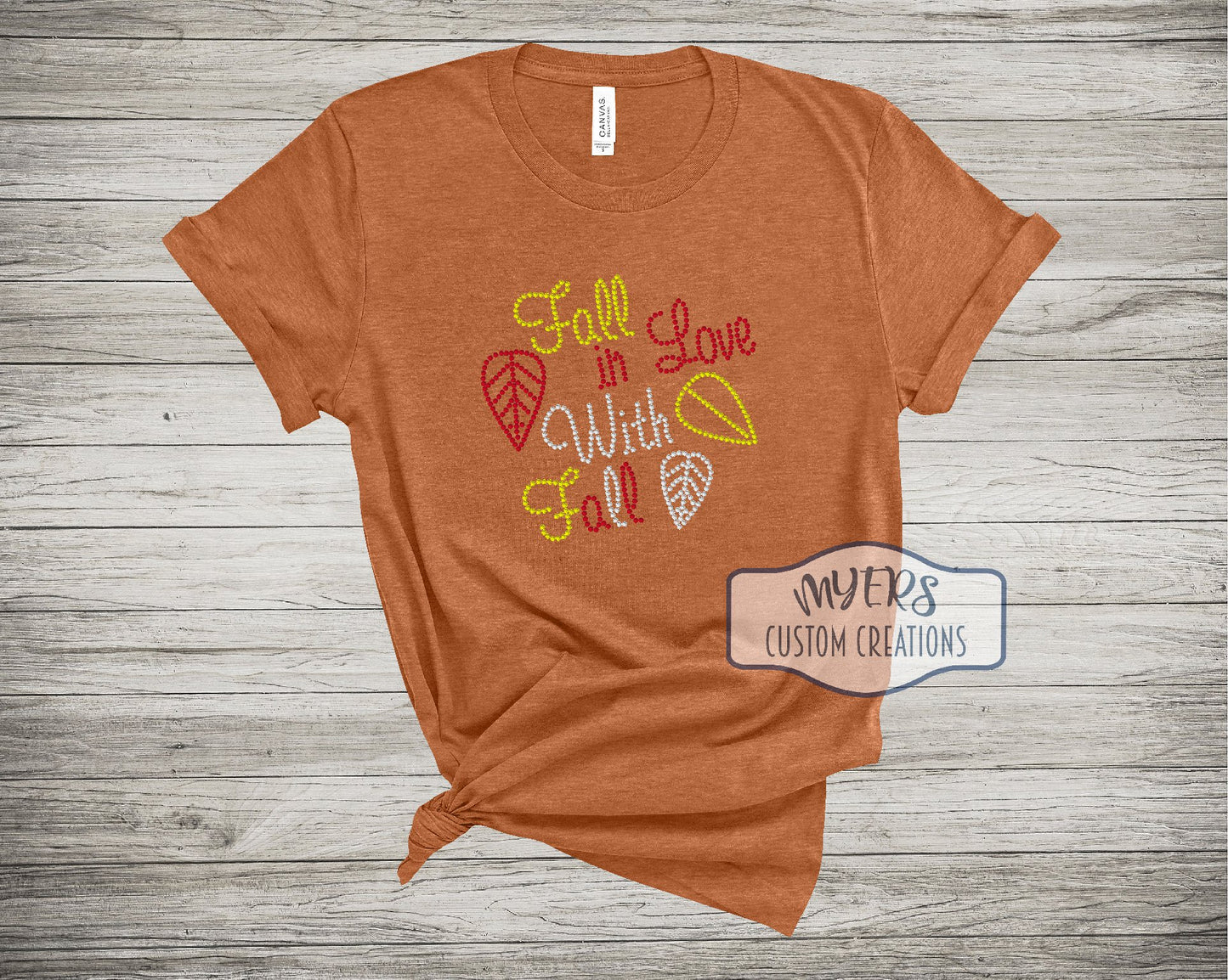 Fall in Love With Fall Rhinestone Heather Autumn Bella+Canvas t-shirt with Crystal, Citrine, & Strawberry rhinestones.