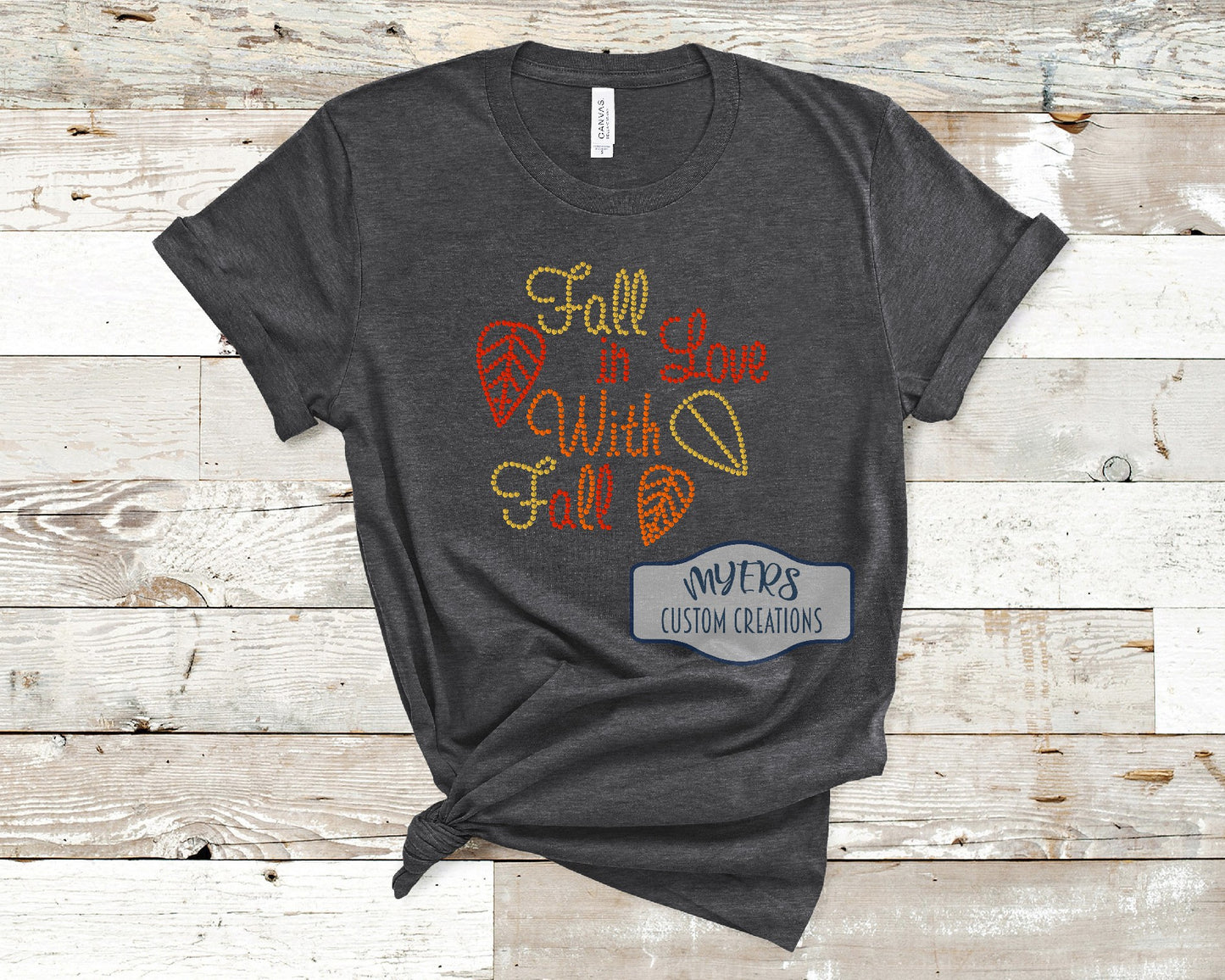 Fall in Love With Fall Rhinestone Heather Dark Grey Bella+Canvas t-shirt with Premium Crystal AB, Citrine, & Strawberry rhinestones.