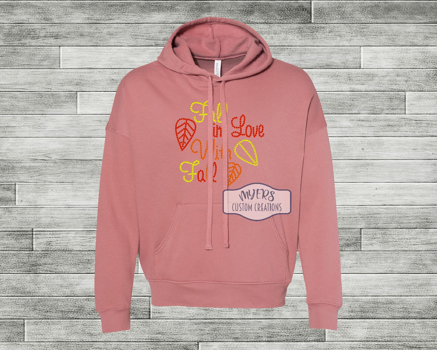 Fall in Love With Fall Rhinestone Mauve Bella+Canvas hoodie with Citrine, Red Siam Orange rhinestones.