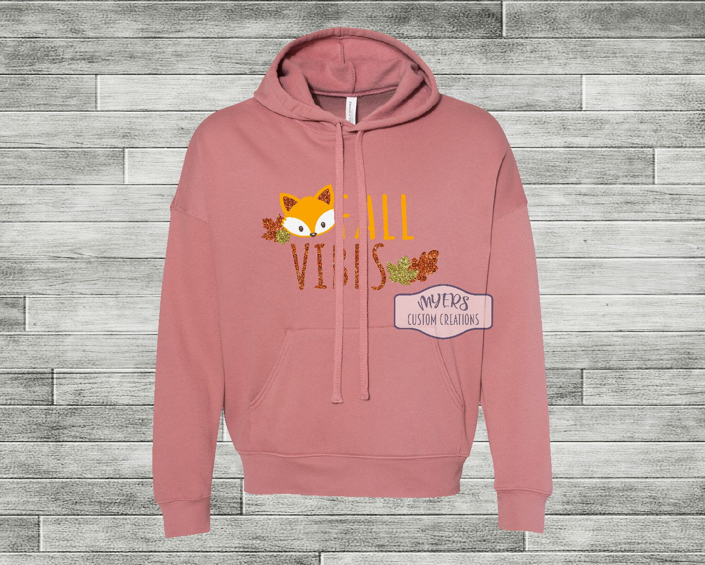 Fall Vibes on Mauve Bella+Canvas hoodie with sun, white, gold glitter, copper glitter, and chocolate HTV