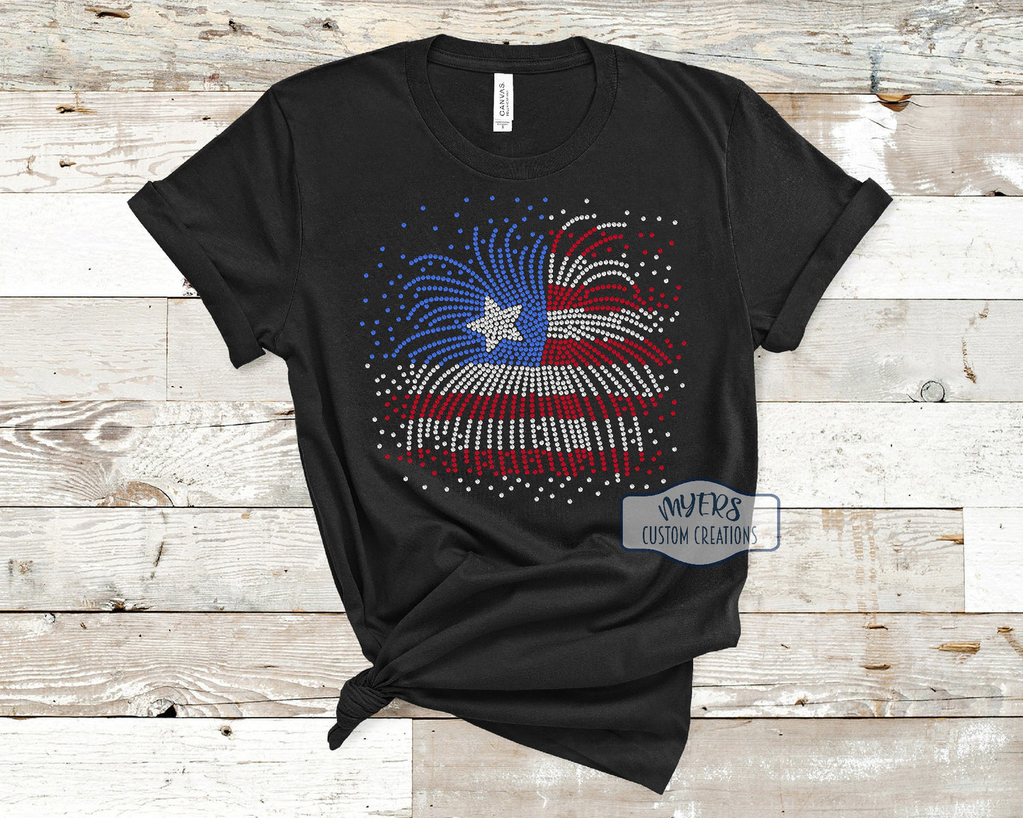 Fireworks American Flag Rhinestone black Bella+Canvas t-shirt with strawberry, crystal, and sapphire rhinestones