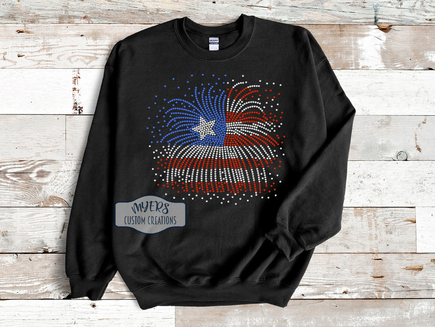 Fireworks American Flag Rhinestone black Gildan sweatshirt with red siam, crystal, and sapphire rhinestones
