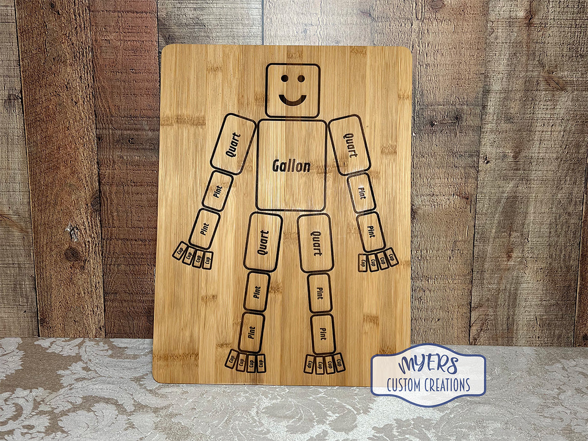 Gallon Man is a 15.75” x 11.75” bamboo Cutting Board laser etched on the reverse side and is a graphical representation of the relationship between cups, pints, quarts, and a gallon