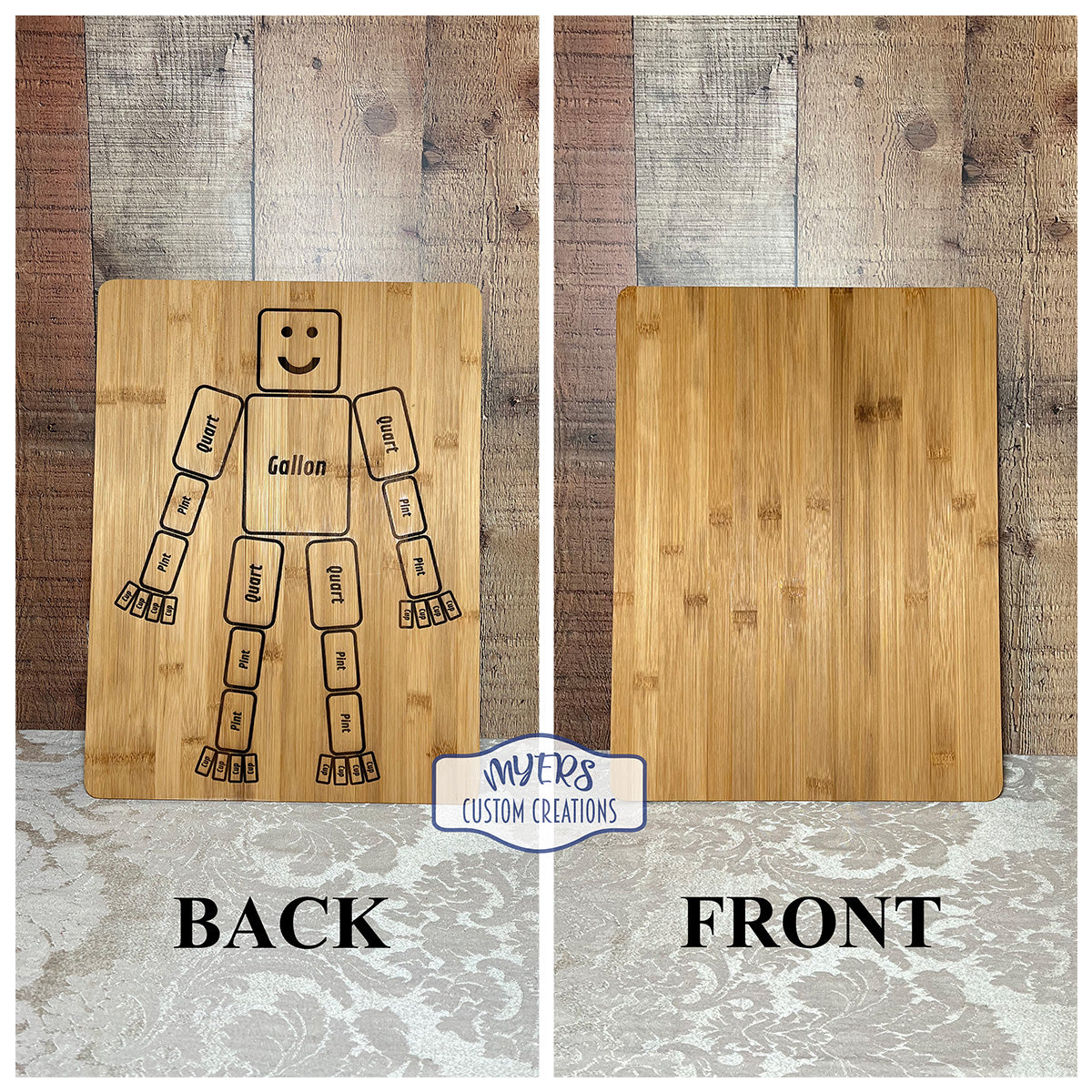 Gallon Man is a 15.75” x 11.75” bamboo Cutting Board laser etched on the reverse side and is a graphical representation of the relationship between cups, pints, quarts, and a gallon