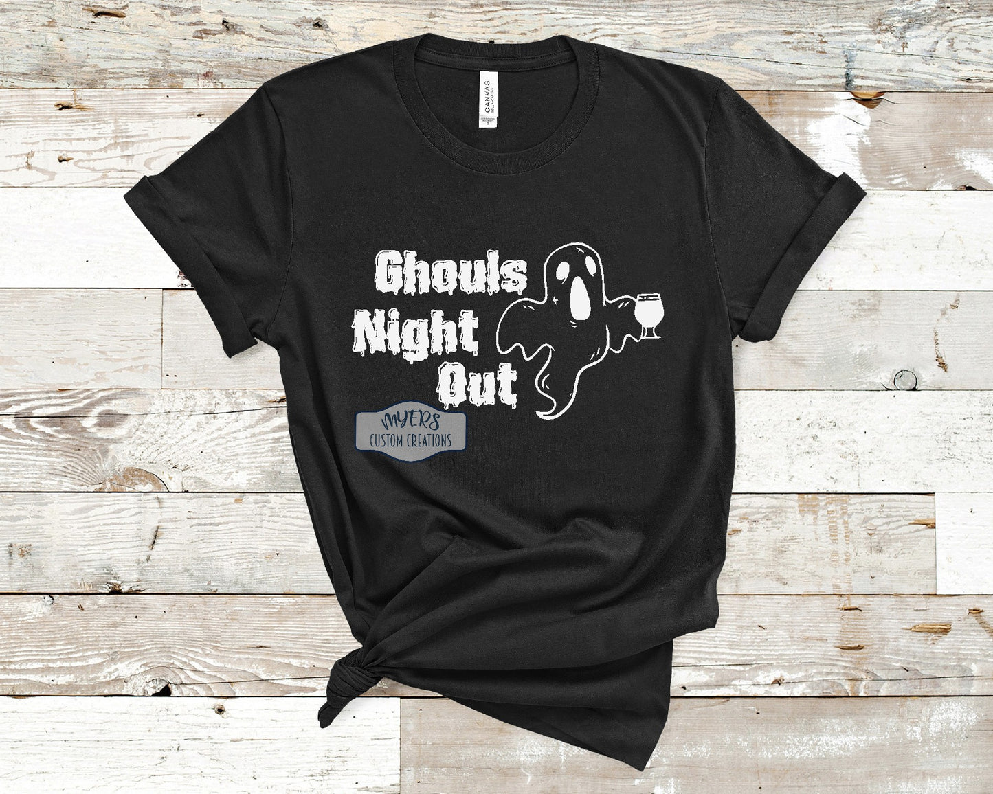 Ghouls Night Out black Bella+Canvas t-shirt with a scary cocktail ghost