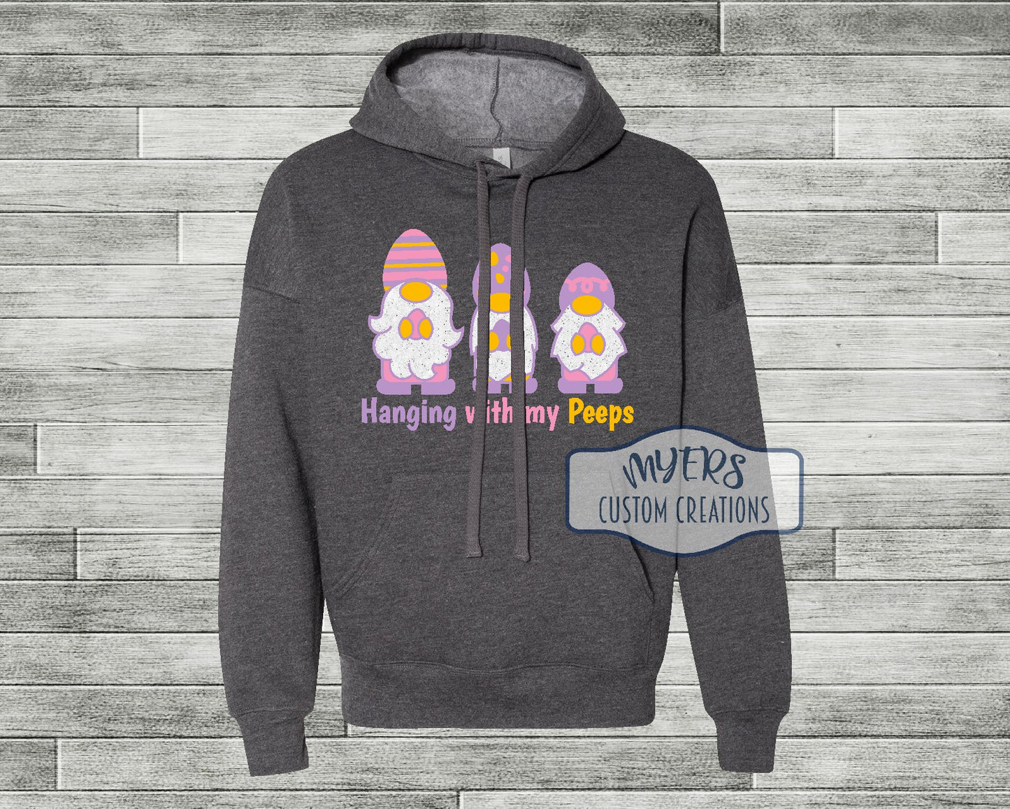 Hanging with my Peeps Easter heather dark grey Bella Canvas hoodie with lilac, bubble gum pink, yellow, and white glitter HTV