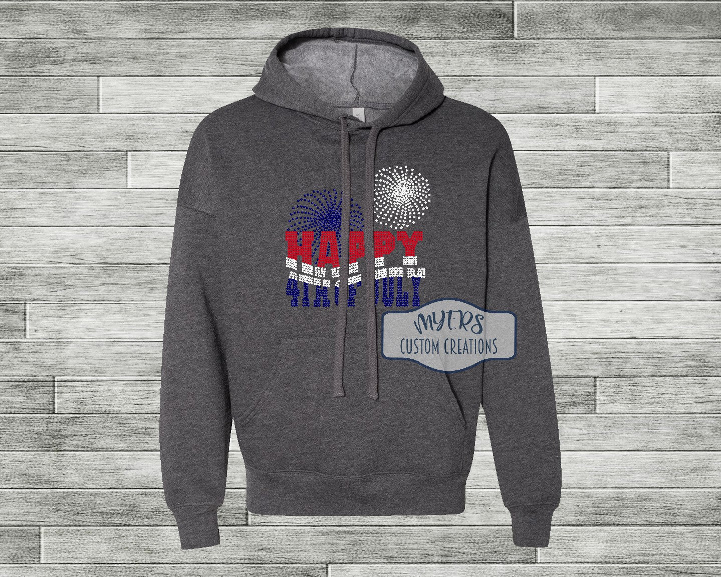 Happy 4th of July Fireworks Rhinestone heather dark grey Bella+Canvas hoodie with crystal, cobalt, and strawberry rhinestones