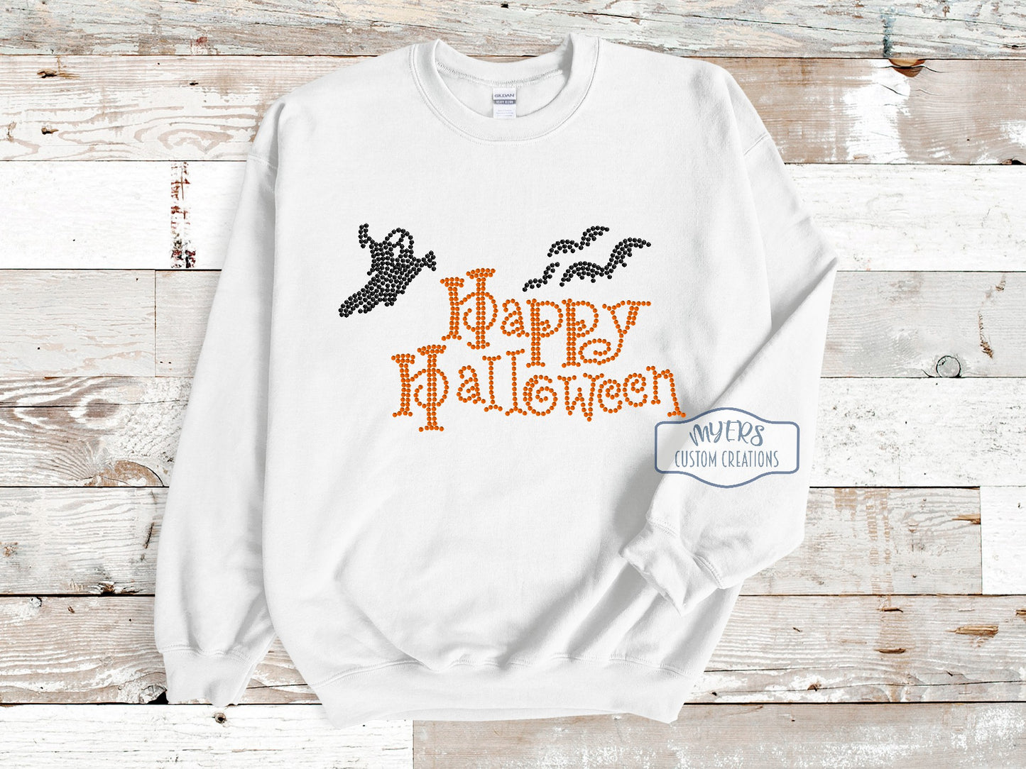 Happy Halloween Rhinestone White Gildan sweatshirt with crystal and orange rhinestones
