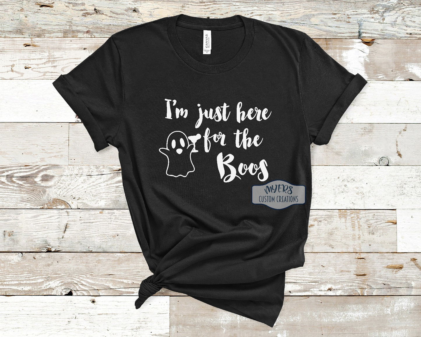 I'm Just Here for the Boos Black Bella+Canvas t-shirt with a cute margarita ghost