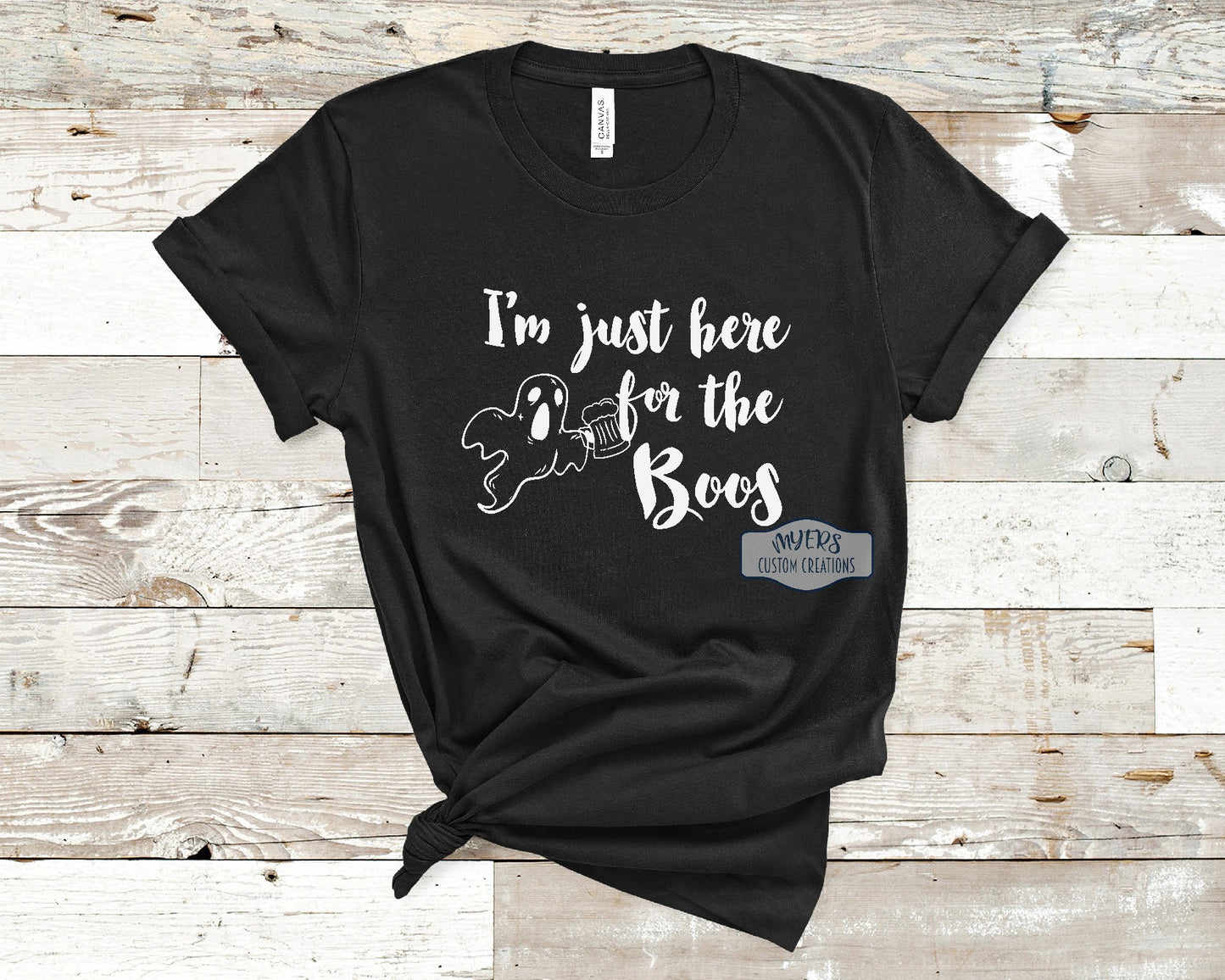 I'm Just Here for the Boos Black Bella+Canvas t-shirt with a scary beer ghost