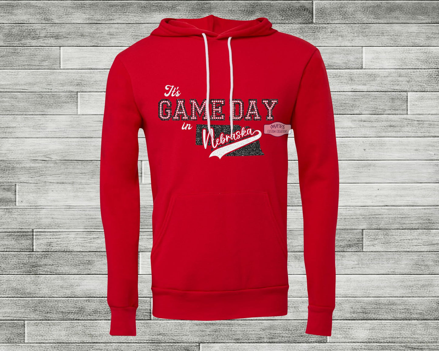 It's Game Day in Nebraska Red Bella+Canvas Hoodie with Black Glitter, White Glitter, and Crystal Rhinestones