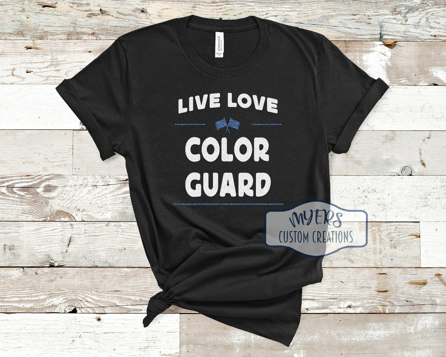 Live Love Color Guard black Bella Canvas t-shirt with white and blue glitter HTV