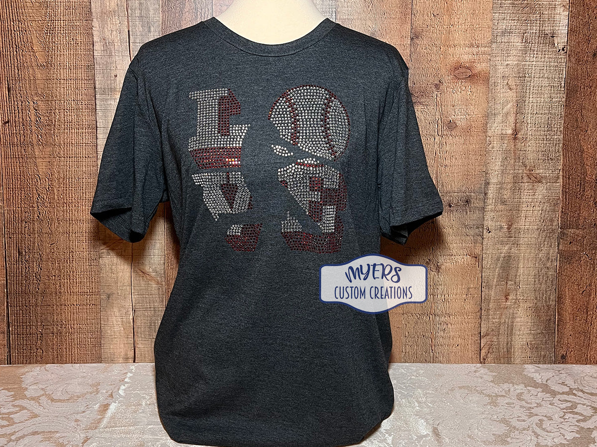 Love Baseball Rhinestone heather dark grey Bella+Canvas large t-shirt with crystal & red siam rhinestones