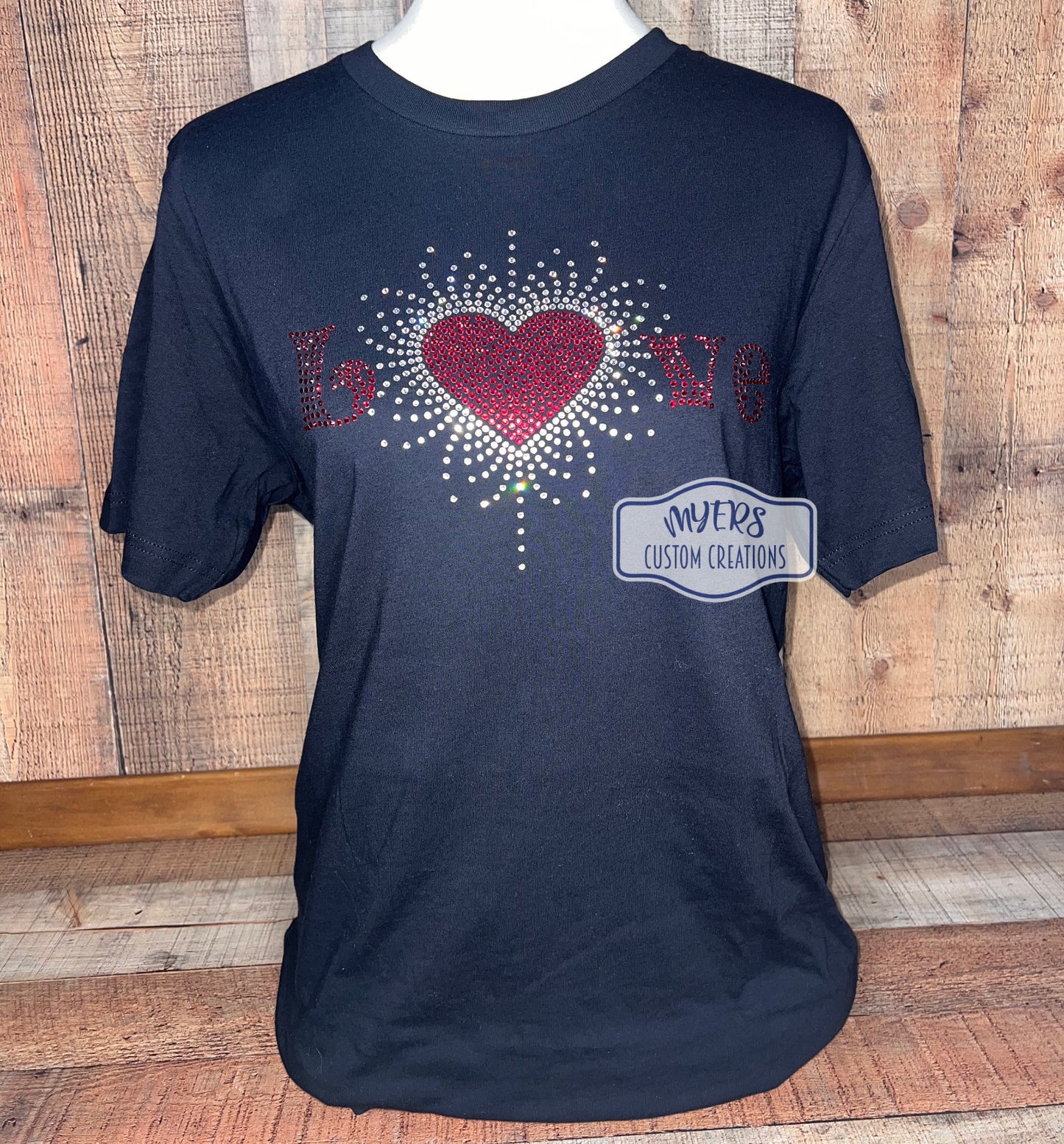 Love Heart Scatter Rhinestone Black Bella+Canvas t-shirt with crystal and red siam rhinestones