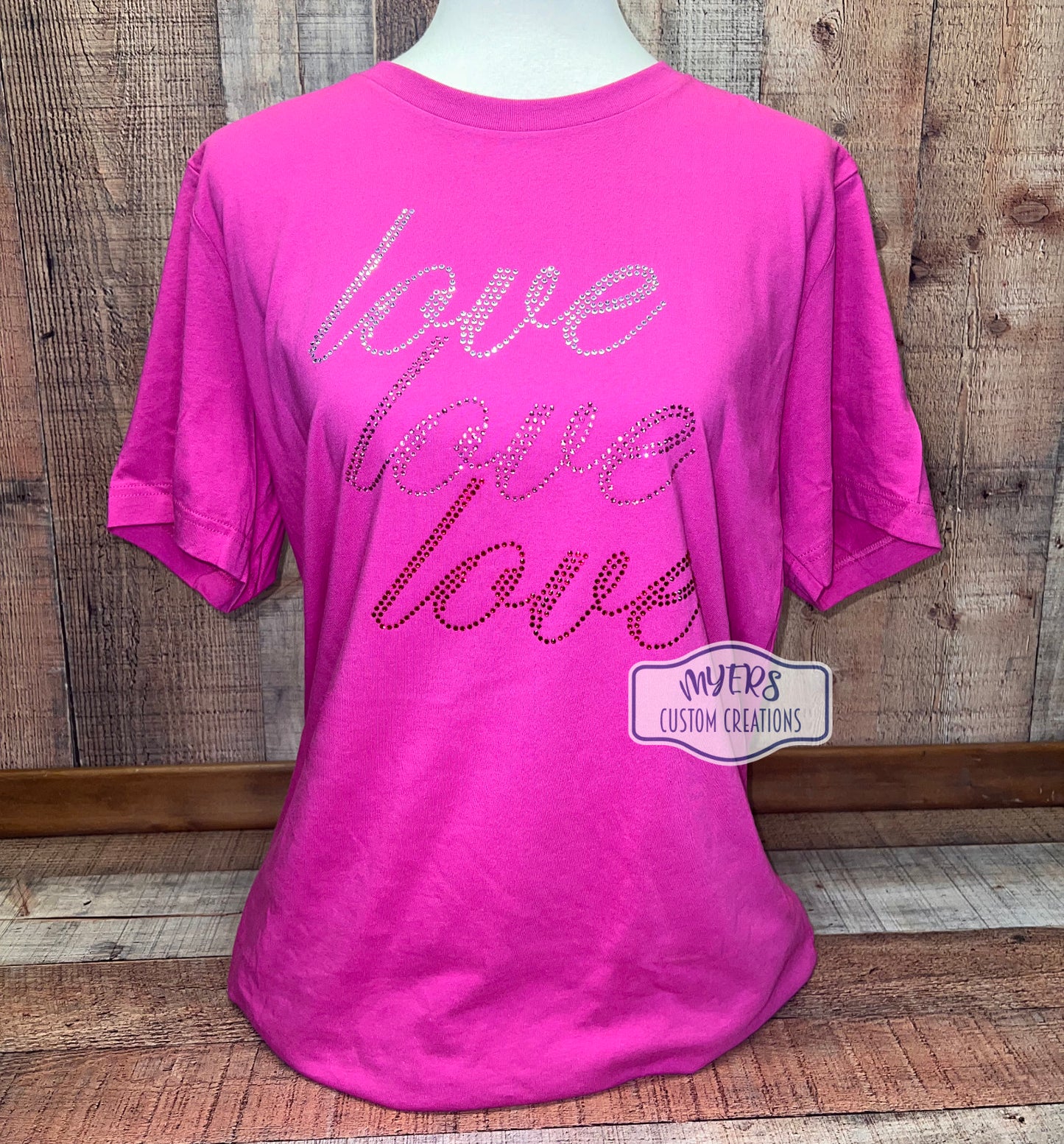 Love Love Love Rhinestone berry Bella_Canvas t-shirt with crystal, pink, and red siam rhinestones